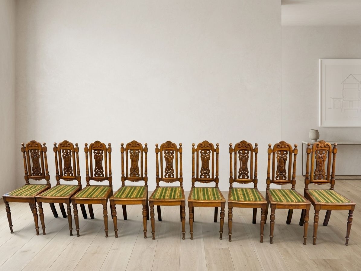 Set Of 9 Renaissance Revival Dining Chairs, Carved Wood, Czechoslovakia, Early 20th Century photo furniture