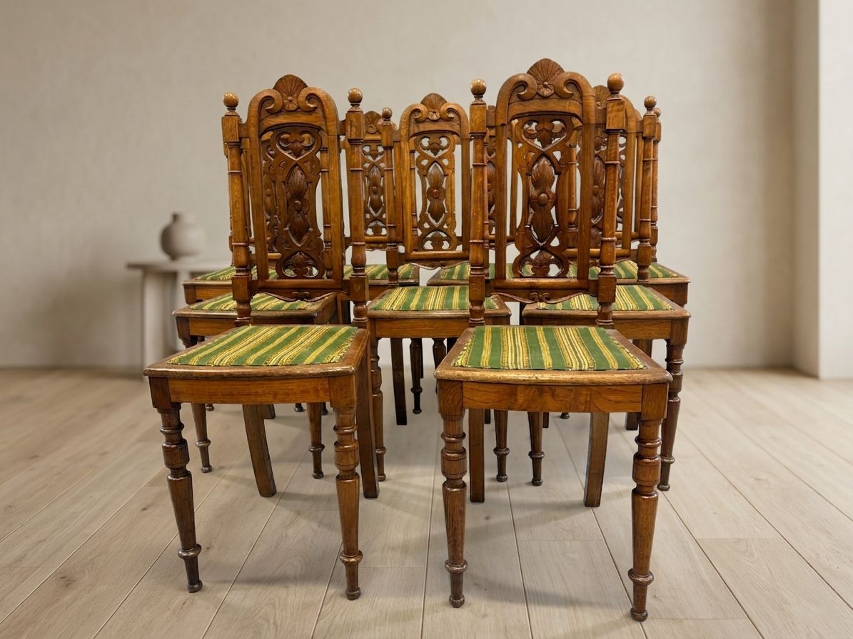 Set Of 9 Renaissance Revival Dining Chairs, Carved Wood, Czechoslovakia, Early 20th Century photo vintage