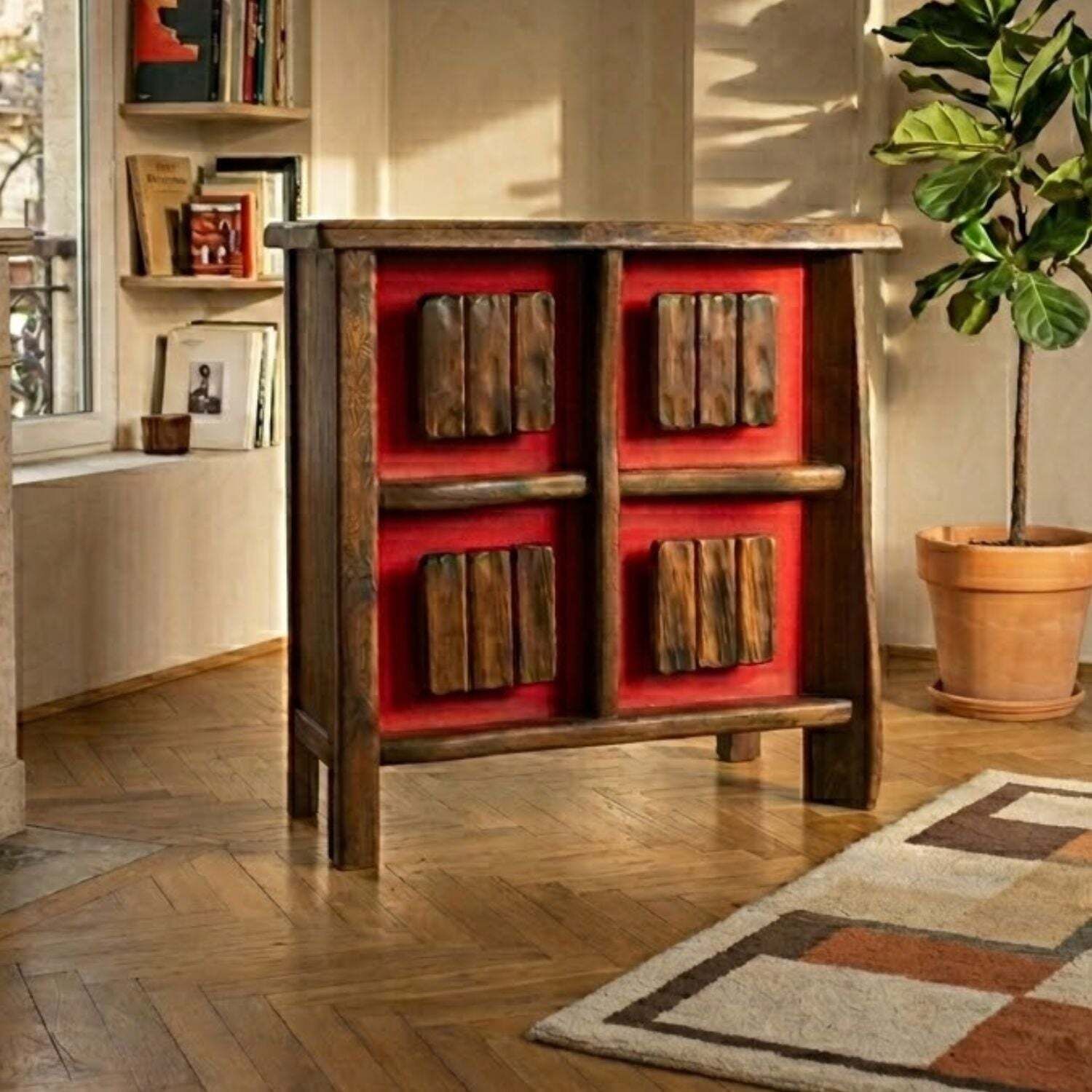 Mid Century Brutalist Verlichte Barkast, Massief Hout, Jaren 1970, Scandinavische Stijl photo 3290.0