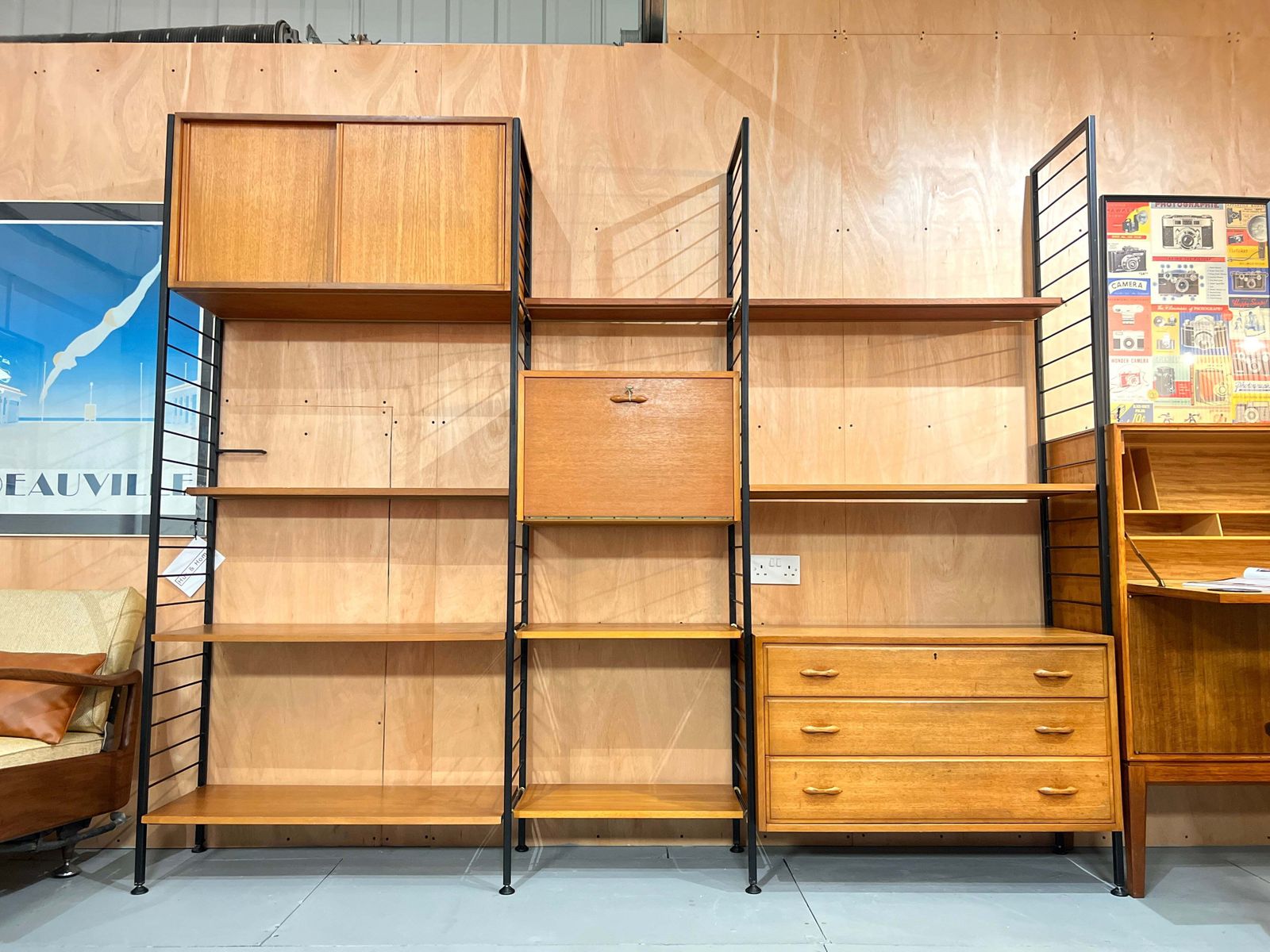 Staples Teak Ladderax Wall System, Three Bays With Cabinets And Shelves