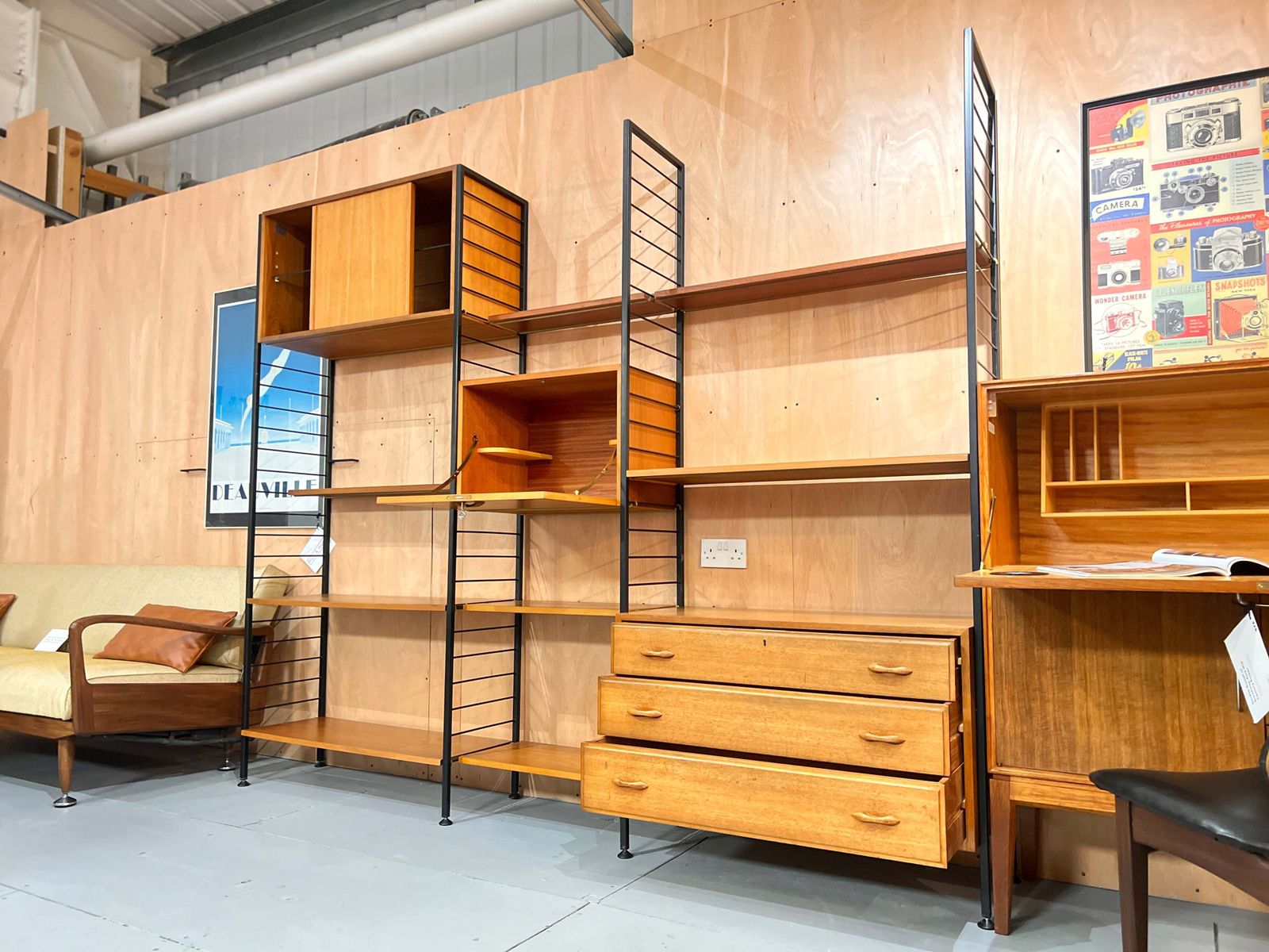 Staples Teak Ladderax Wall System, Three Bays With Cabinets And Shelves photo for sale