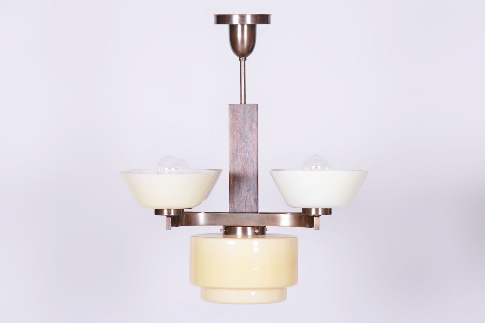 Restored Art Deco Chandelier, Oak, Brass, Opaline Glass, Czech, 1920s photo furniture