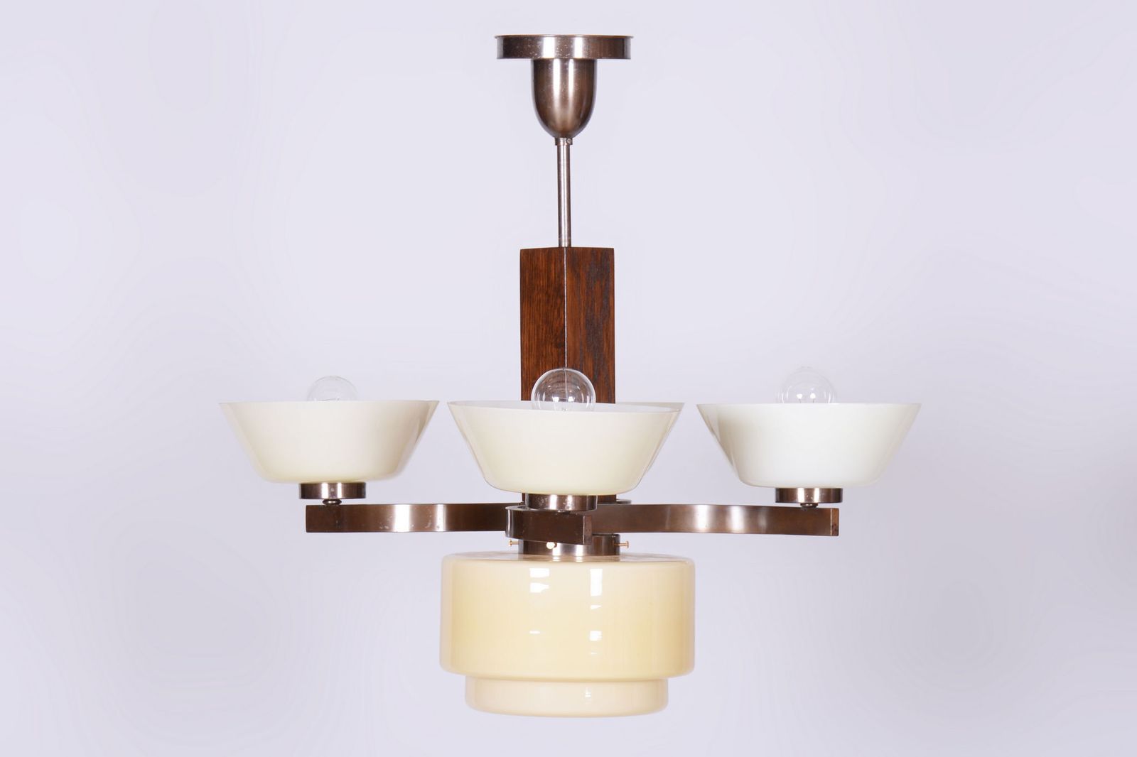 Restored Art Deco Chandelier, Oak, Brass, Opaline Glass, Czech, 1920s