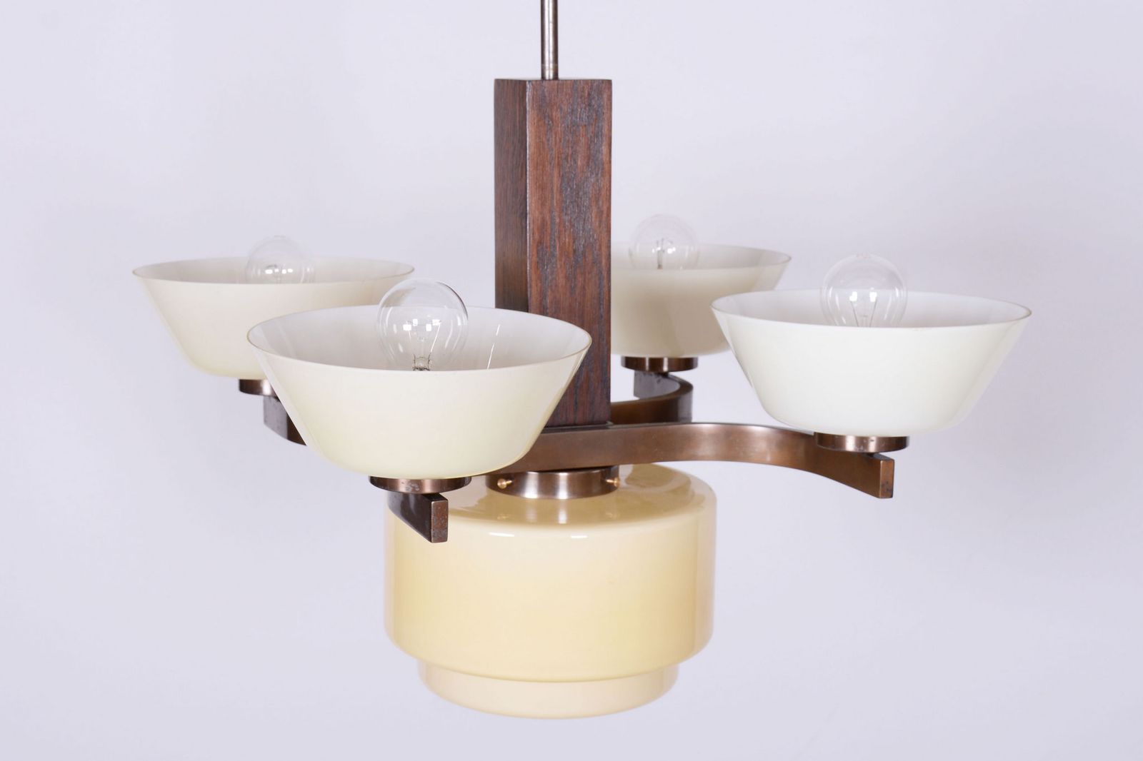 Restored Art Deco Chandelier, Oak, Brass, Opaline Glass, Czech, 1920s photo for sale