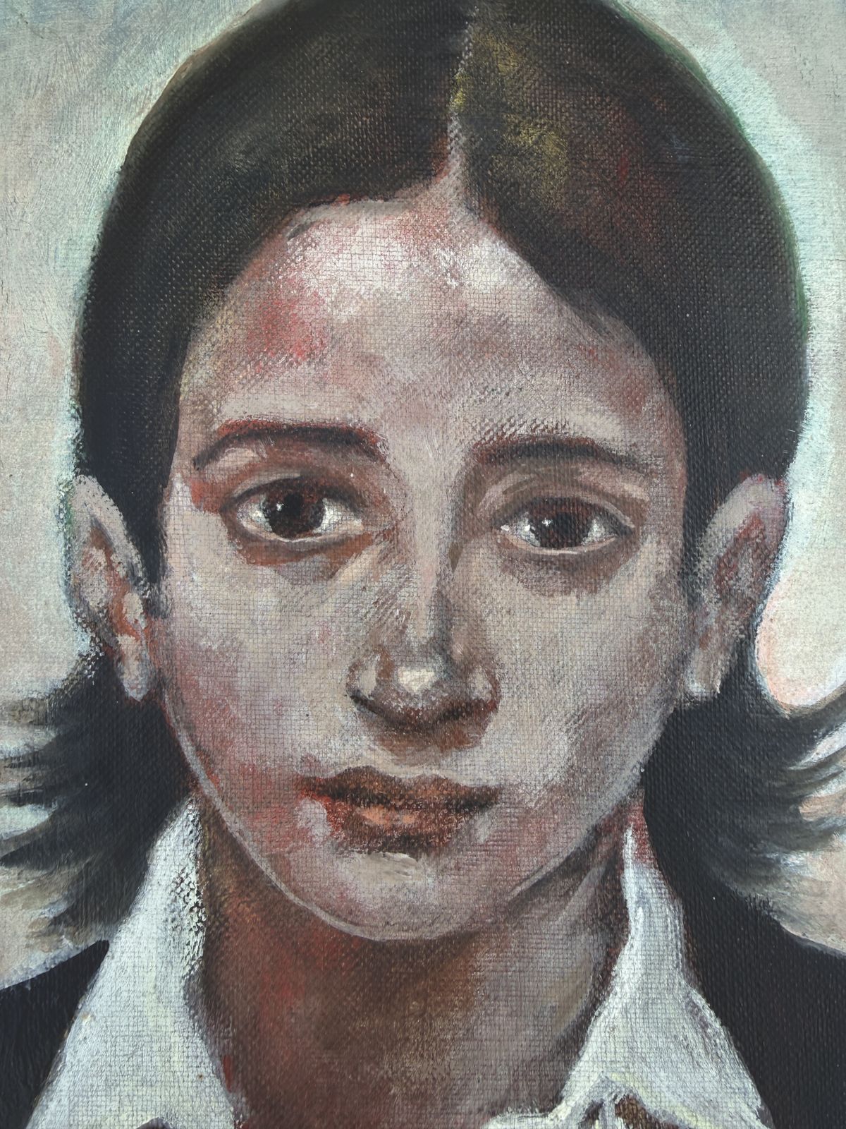 Portrait psychologique de jeune fille au chien, José Antonio Castro Cadenas, peinture figurative espagnole, huile sur toile, 1974 photo Art