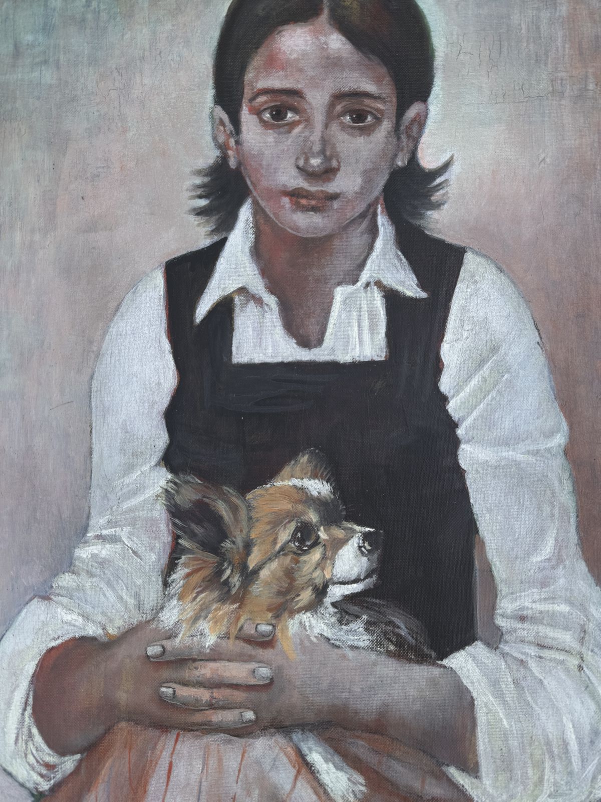 José Antonio Castro Cadenas – Psychologisch Portret Van Meisje Met Hond – Spaans Figuratief Olieverfschilderij Op Doek, 1974 photo buy