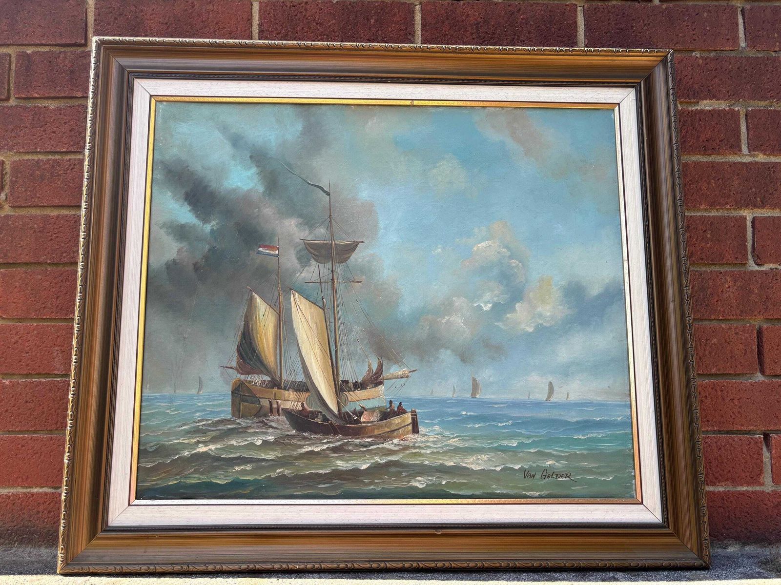 20th Century Sailing Ships, Oil On Canvas Painting, Signed Gilt Frame Dutch