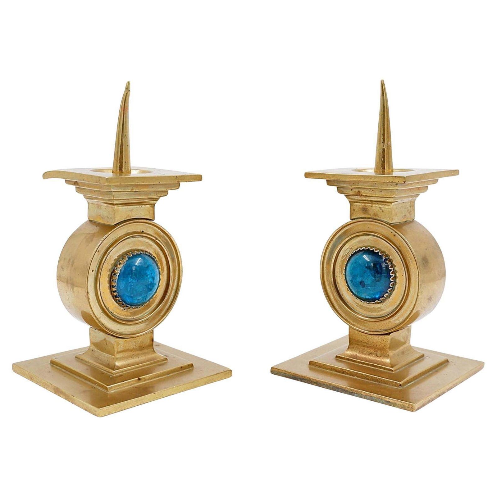 Pair Of Brass Candlesticks Decorated With A Blue Stone Inlaid In The Center