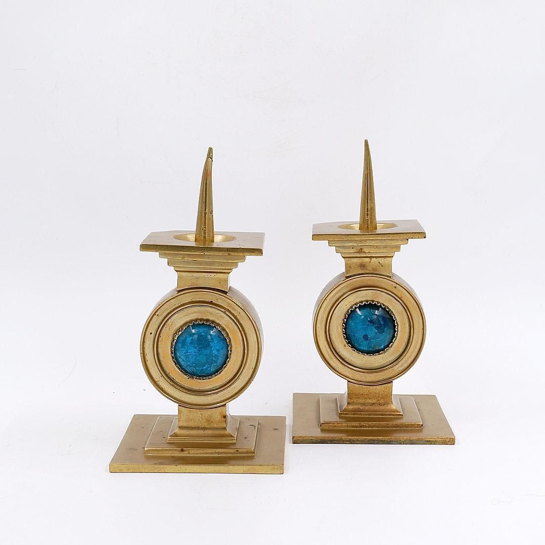 Pair Of Brass Candlesticks Decorated With A Blue Stone Inlaid In The Center photo vinterior