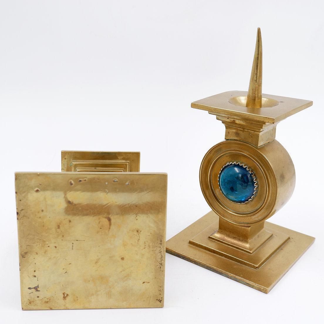 Pair Of Brass Candlesticks Decorated With A Blue Stone Inlaid In The Center photo buy
