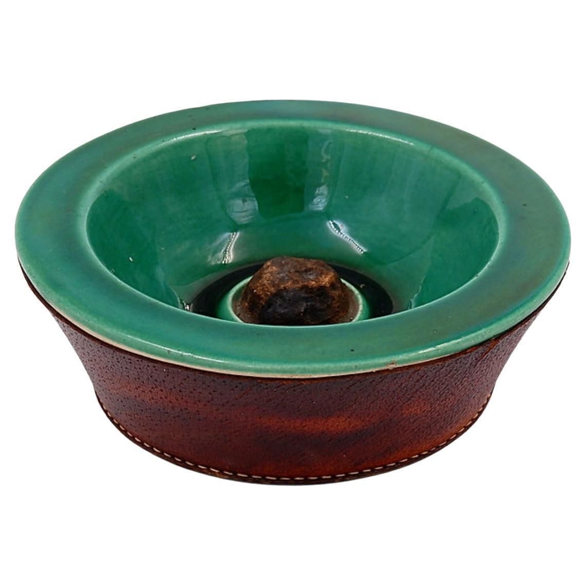 Vintage Ceramic And Leather Ashtray From The 1950s, In The Keramos Sèvres Style.