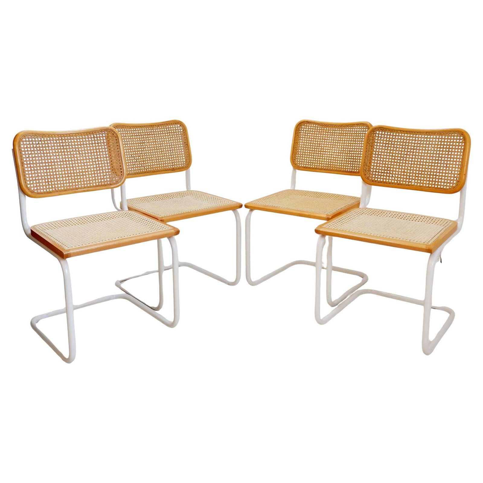 Mid Century Modern Set Of 4 Italian Cane Chairs In The Style Of Marcel Breuer