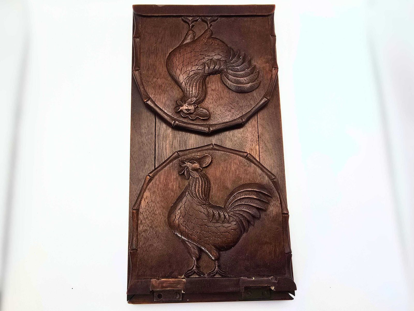 Antique Expanding Dark Wood Book Slide Roosters And Bamboo Detail photo vinterior