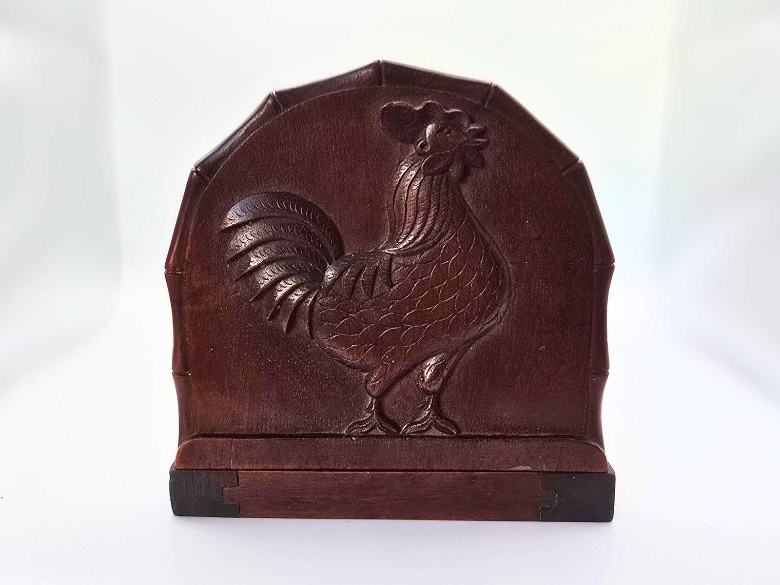photo furniture Antique Expanding Dark Wood Book Slide Roosters And Bamboo Detail