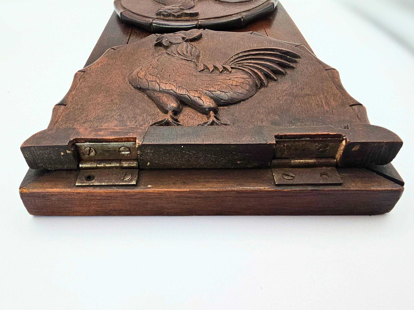 60.0 Antique Expanding Dark Wood Book Slide Roosters And Bamboo Detail photo