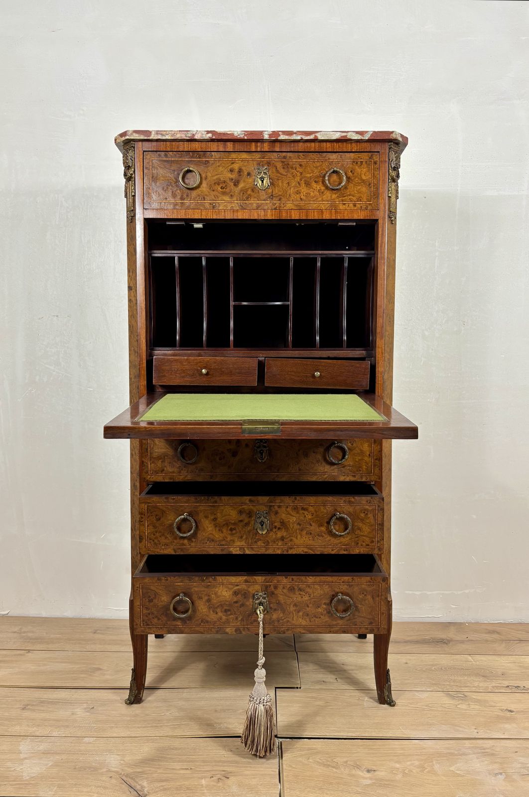 photo buy French Louis XVI Style Burl Wood Secretary Chest With Marble Top, 1930s