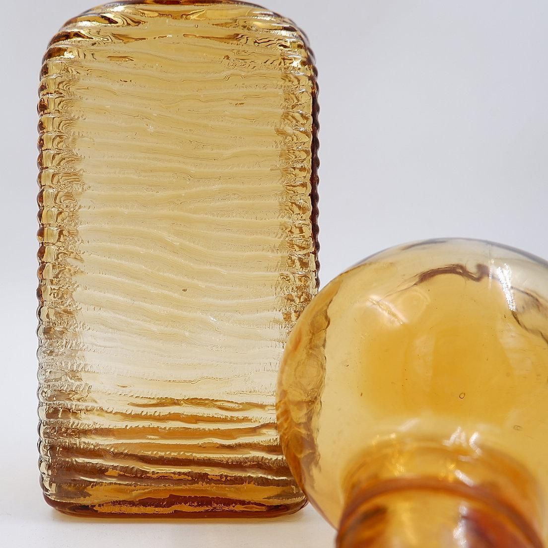 Vintage Amber Wavy Empoli Italian Glass Mcm Decanter Round Ball Stopper photo vinterior