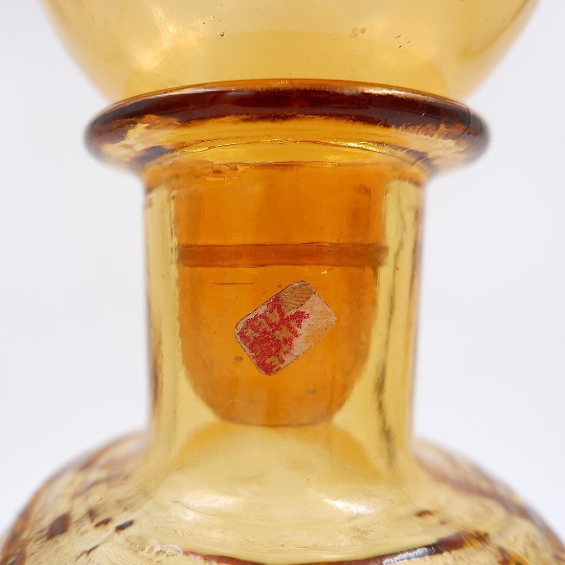 photo for sale Vintage Amber Wavy Empoli Italian Glass Mcm Decanter Round Ball Stopper