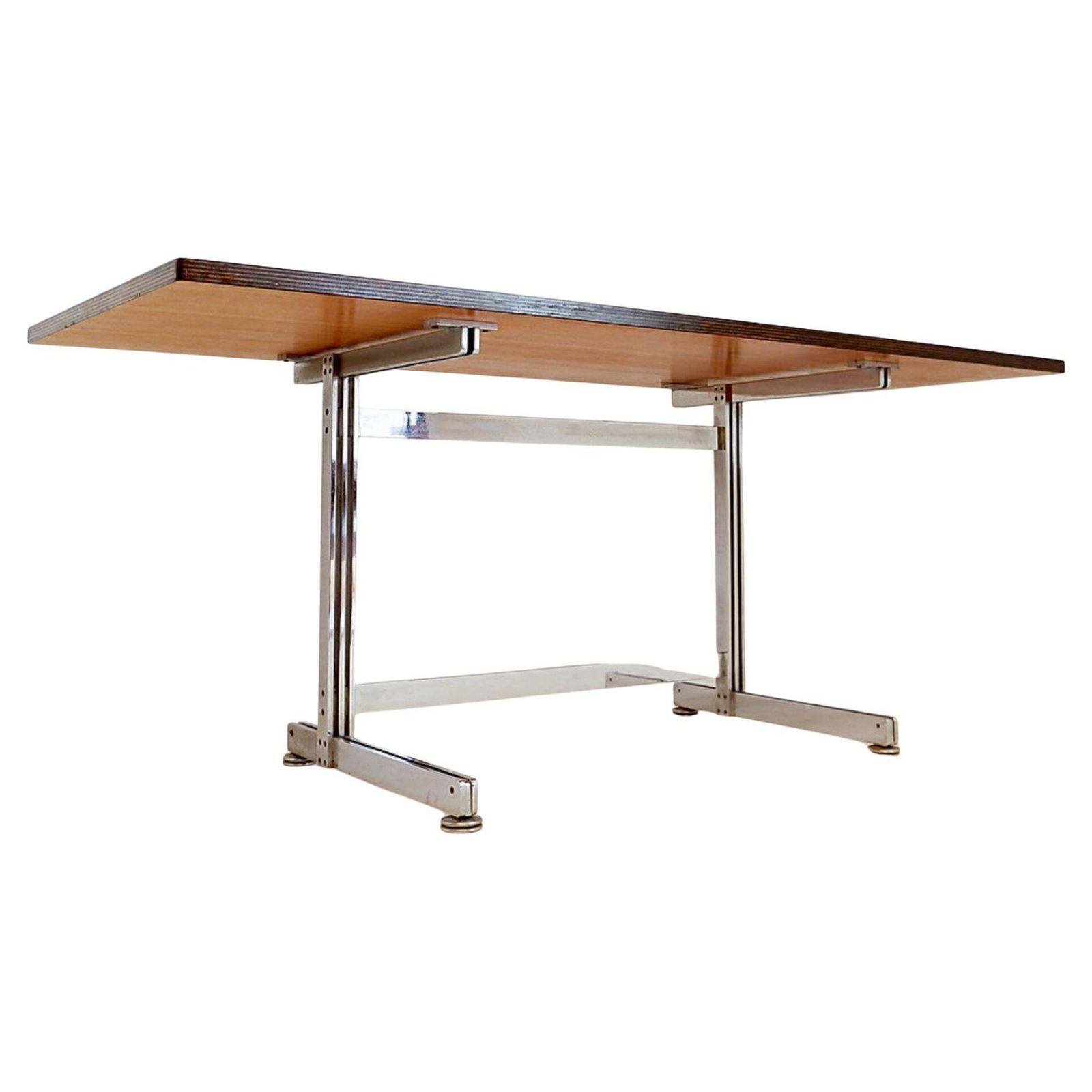Jules Wabbes Cintree Desk, Laminated Wood & Chrome, Belgium, 1968