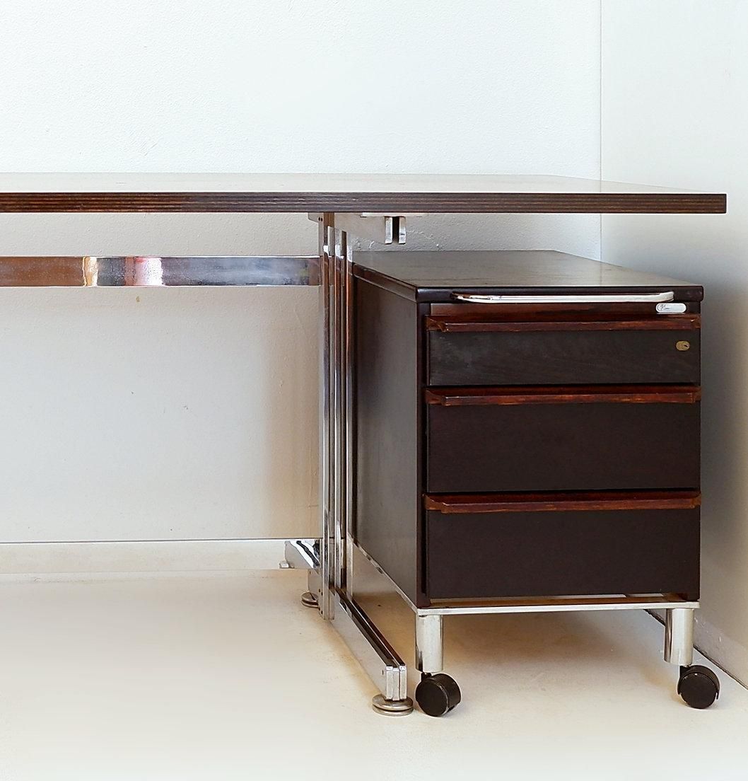 photo for sale Jules Wabbes Cintree Desk, Laminated Wood & Chrome, Belgium, 1968