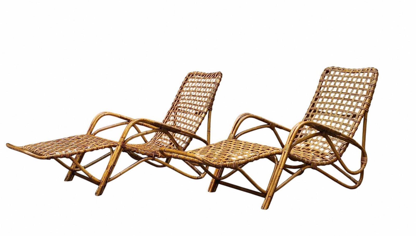 Tito Agnoli Attrib. Pair Of Rattan And Bamboo Woven Chaise Longues photo 6029.0