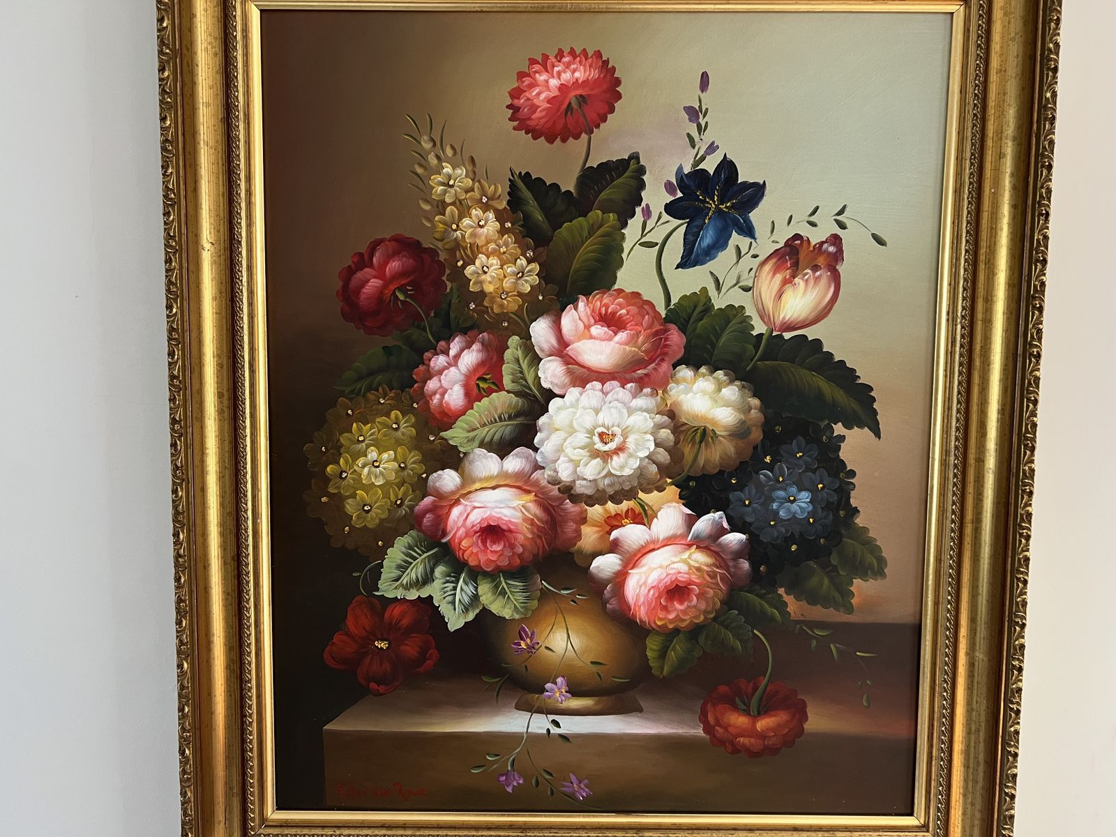 Vintage Mid Century Floral Still Life Oil Painting Signed | Large Gold Frame | Vibrant Bouquet Mcm Wall Art | photo for sale