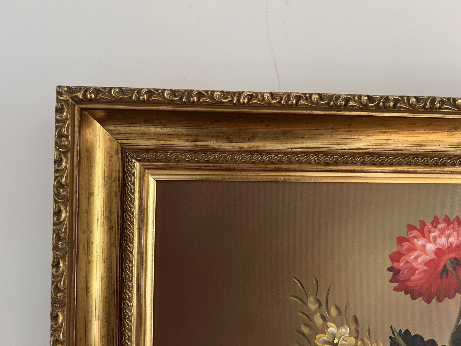 photo for sale Vintage Mid Century Floral Still Life Oil Painting Signed | Large Gold Frame | Vibrant Bouquet Mcm Wall Art |