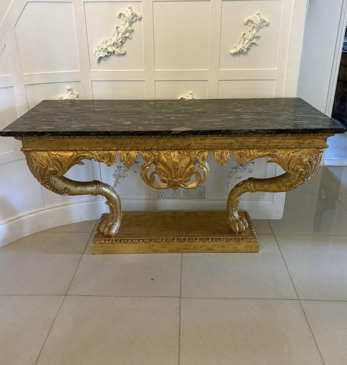 Antique Pair Of Monumental Italian Baroque Revival Giltwood Console Tables With Breccia Marble Tops And Lion’s Paw Supports photo Furniture