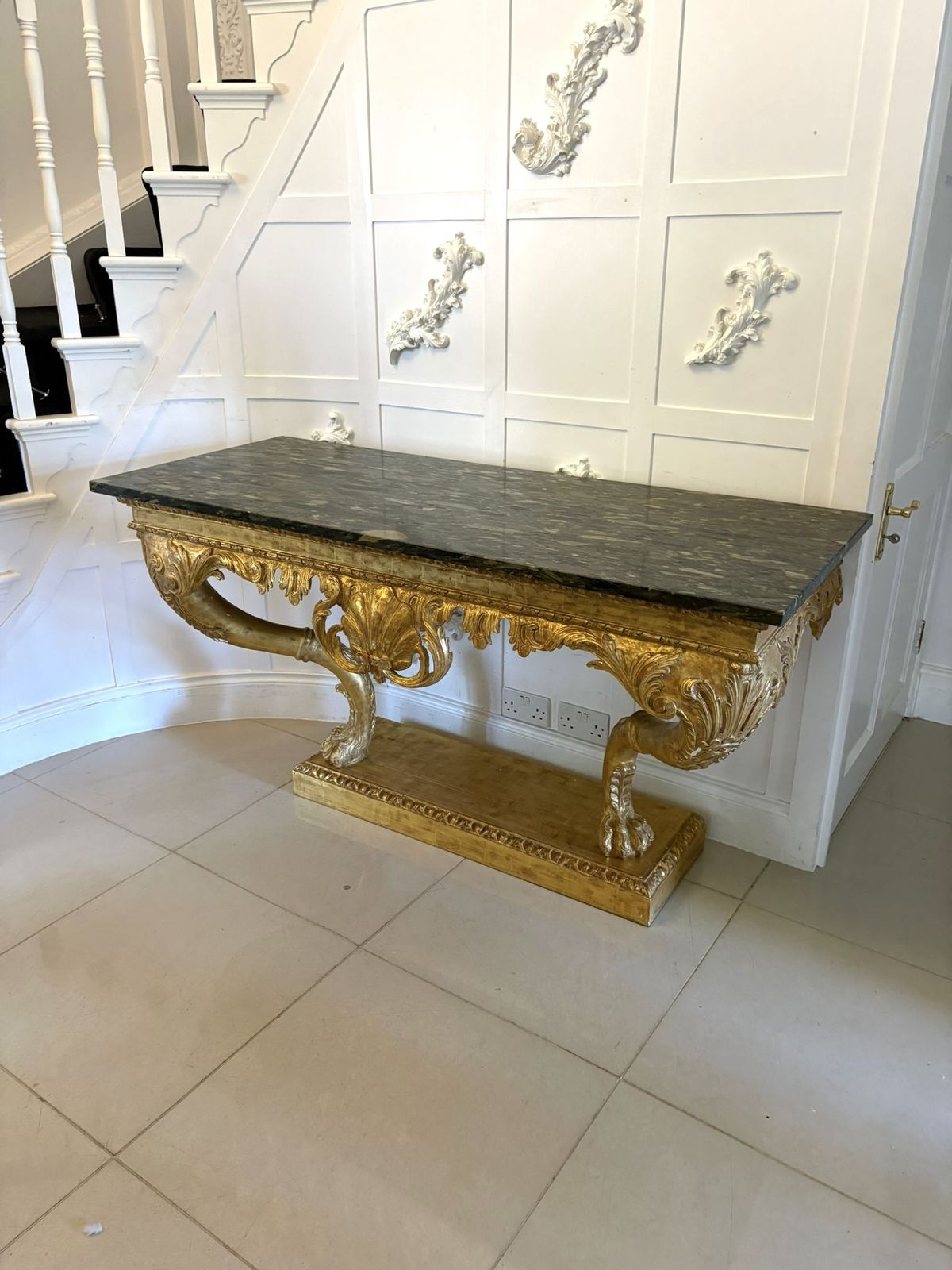 Antique Pair Of Monumental Italian Baroque Revival Giltwood Console Tables With Breccia Marble Tops And Lion’s Paw Supports photo buy