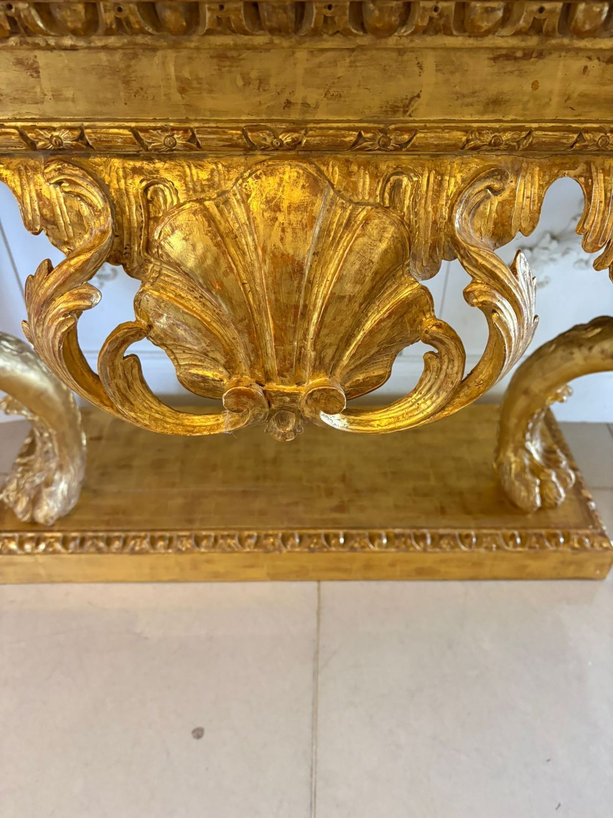 Furniture Antique Pair Of Monumental Italian Baroque Revival Giltwood Console Tables With Breccia Marble Tops And Lion’s Paw Supports photo