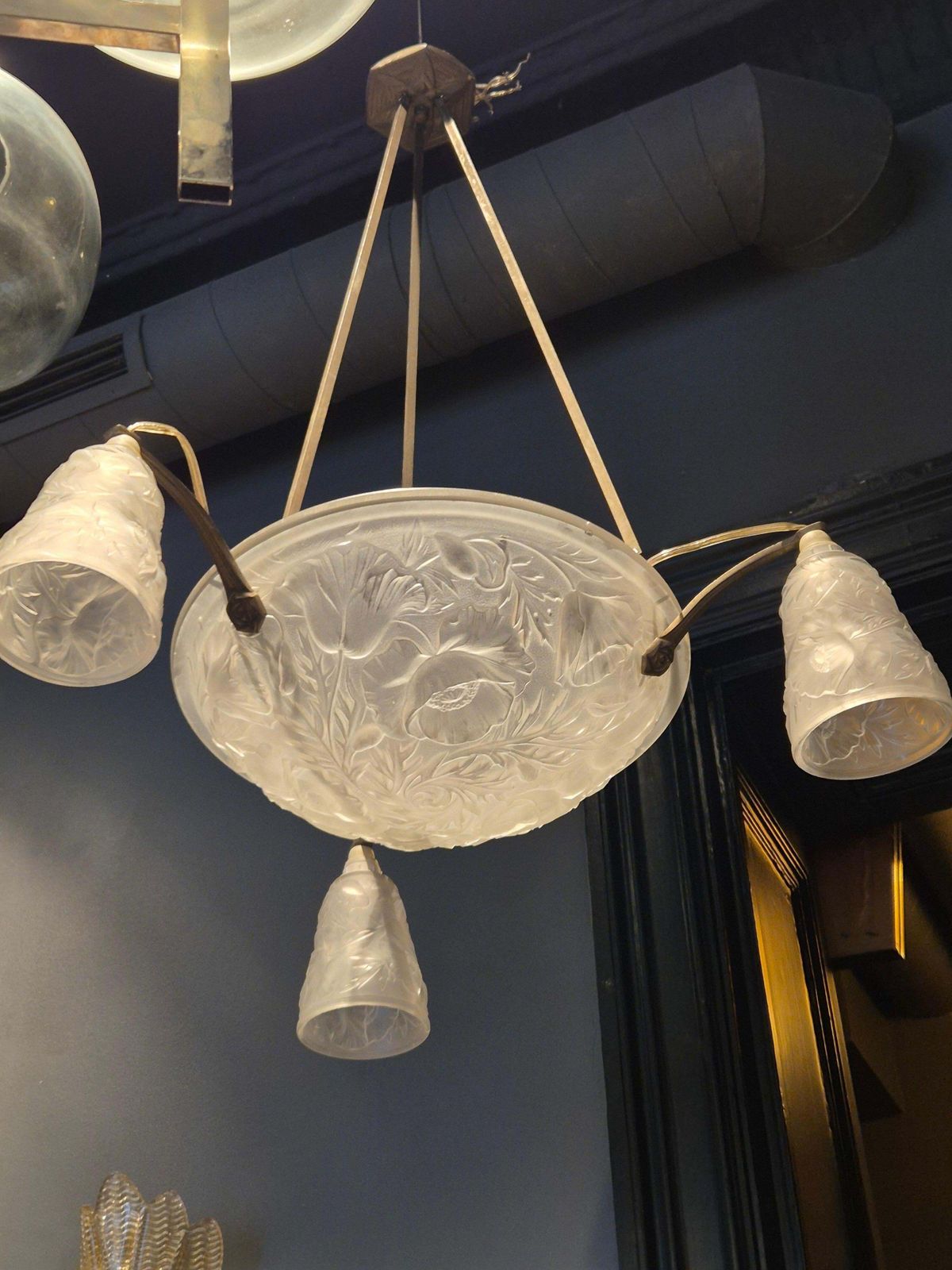 Art Nouveau Chandelier, Glass Shades With Decor Of Poppies, France 1920s. photo furniture