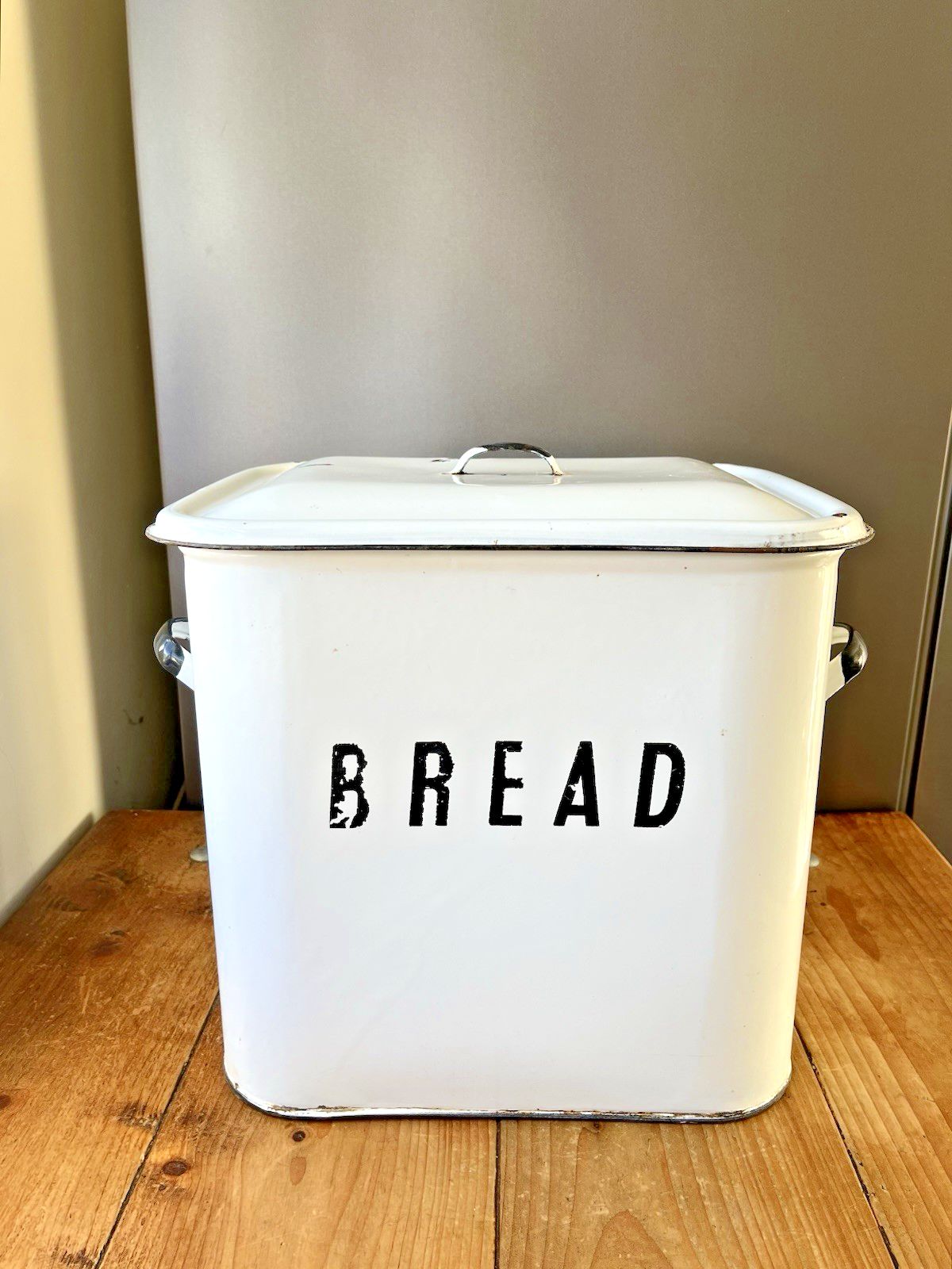Large Antique Enamel Bread Bin Storage Container Bakery Vintage Kitchen Display photo furniture