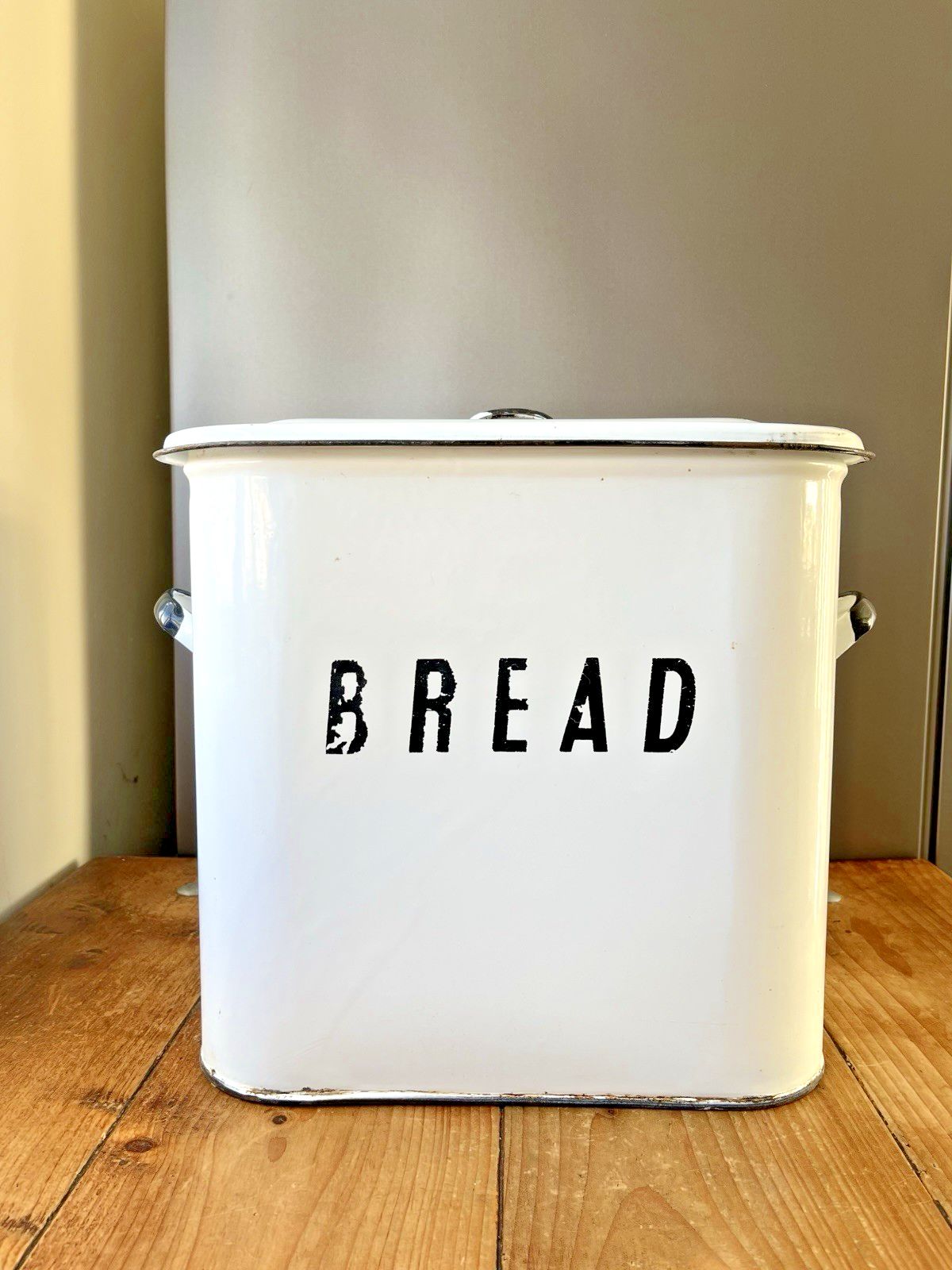 Large Antique Enamel Bread Bin Storage Container Bakery Vintage Kitchen Display photo for sale