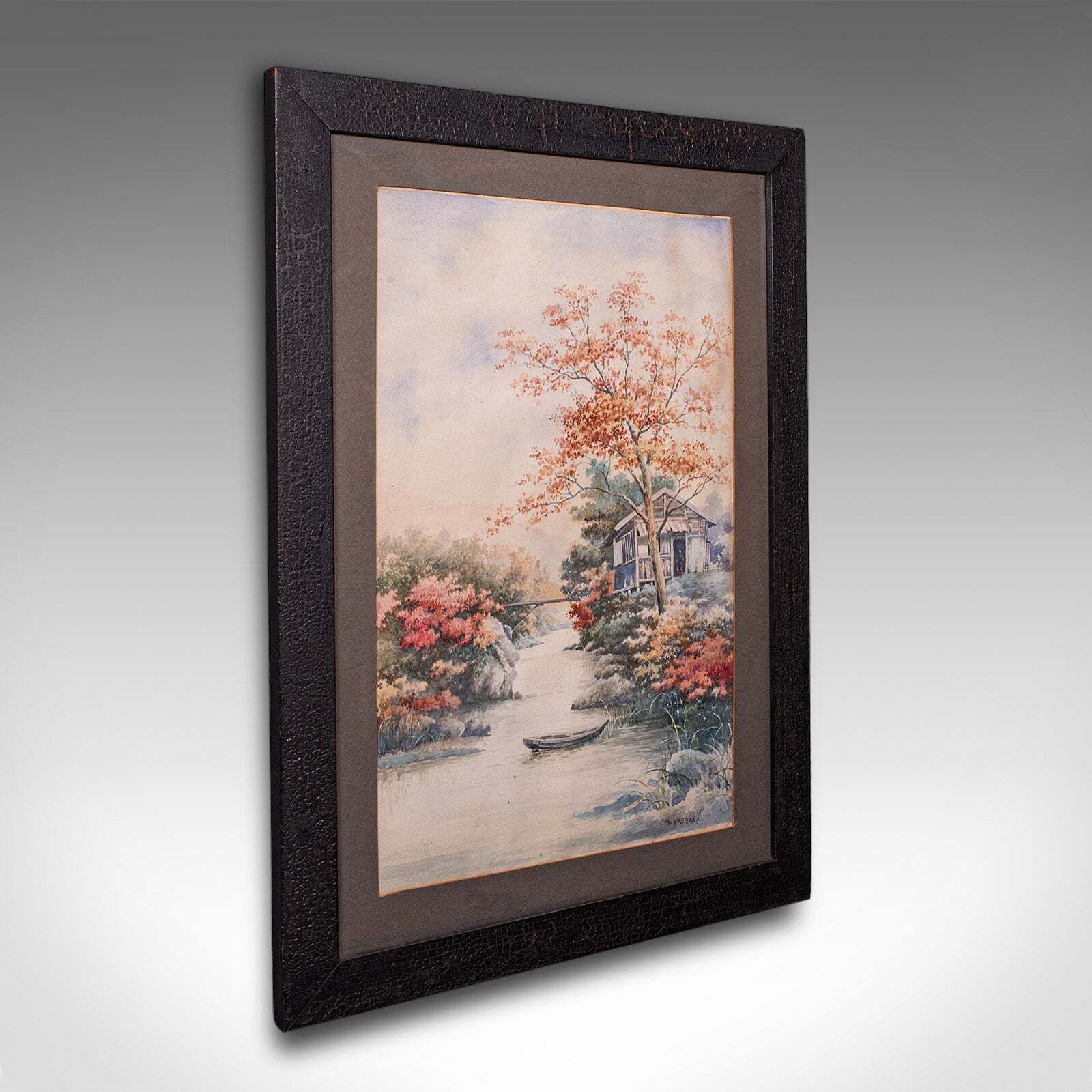Vintage River Landscape Painting, Japanese School, Watercolour, Art, Mid Century