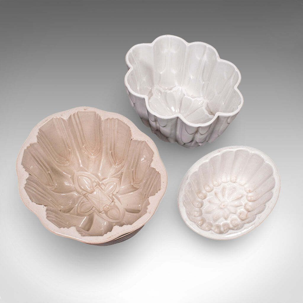 Trio Of Antique Jelly Moulds English Ceramic Set Country Kitchen Victorian