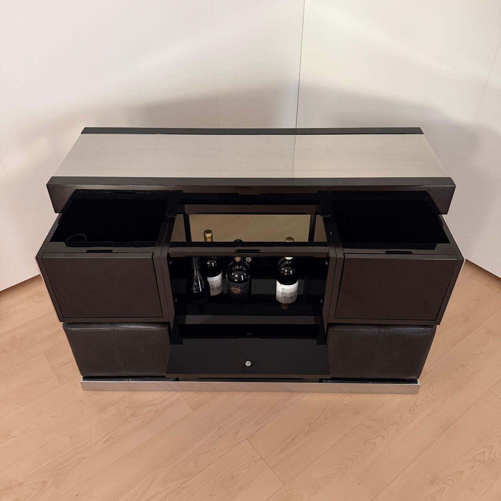 Willy Rizzo Convertible Bar, Black Lacquer, Chrome, Leather, Italy Circa 1970 photo buy