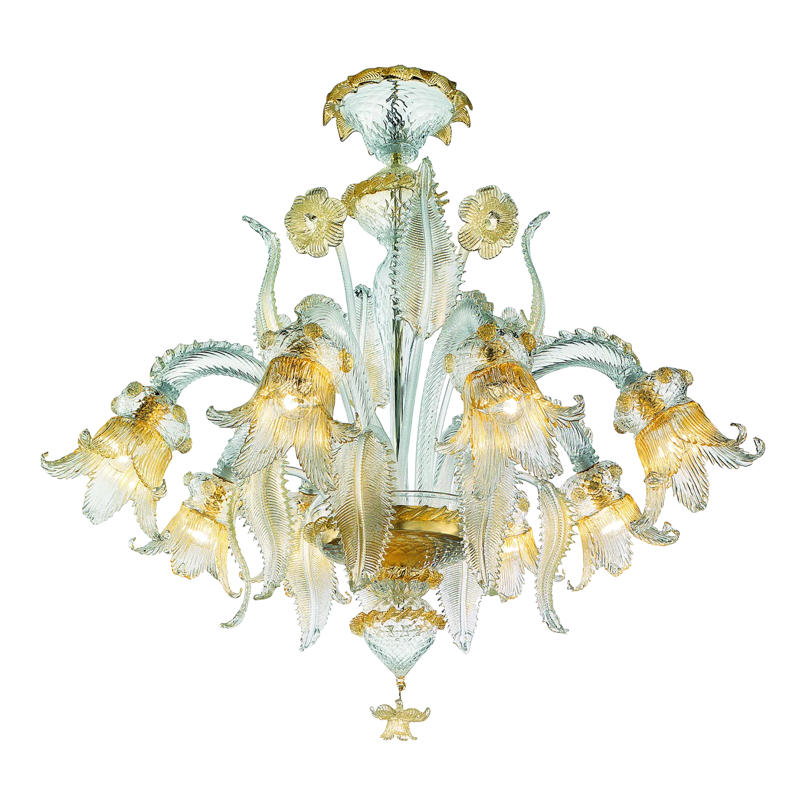 Luxury Italian Clear And Gold Leaf Chandelier With Flowers And Leaves Murano Glass
