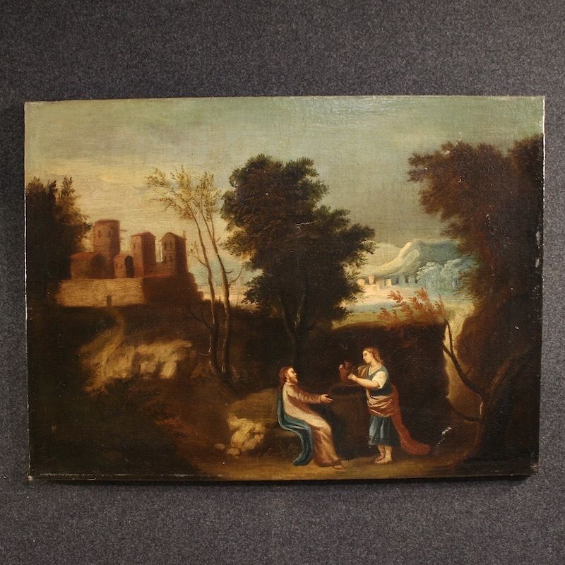 Tableau espagnol d'époque représentant Jésus et la Samaritaine au puits, XVIIe siècle photo furniture