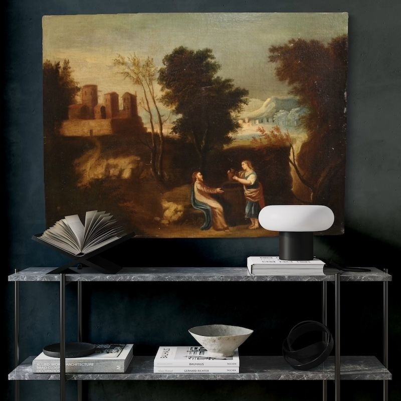 Tableau espagnol d'époque représentant Jésus et la Samaritaine au puits, XVIIe siècle photo vintage