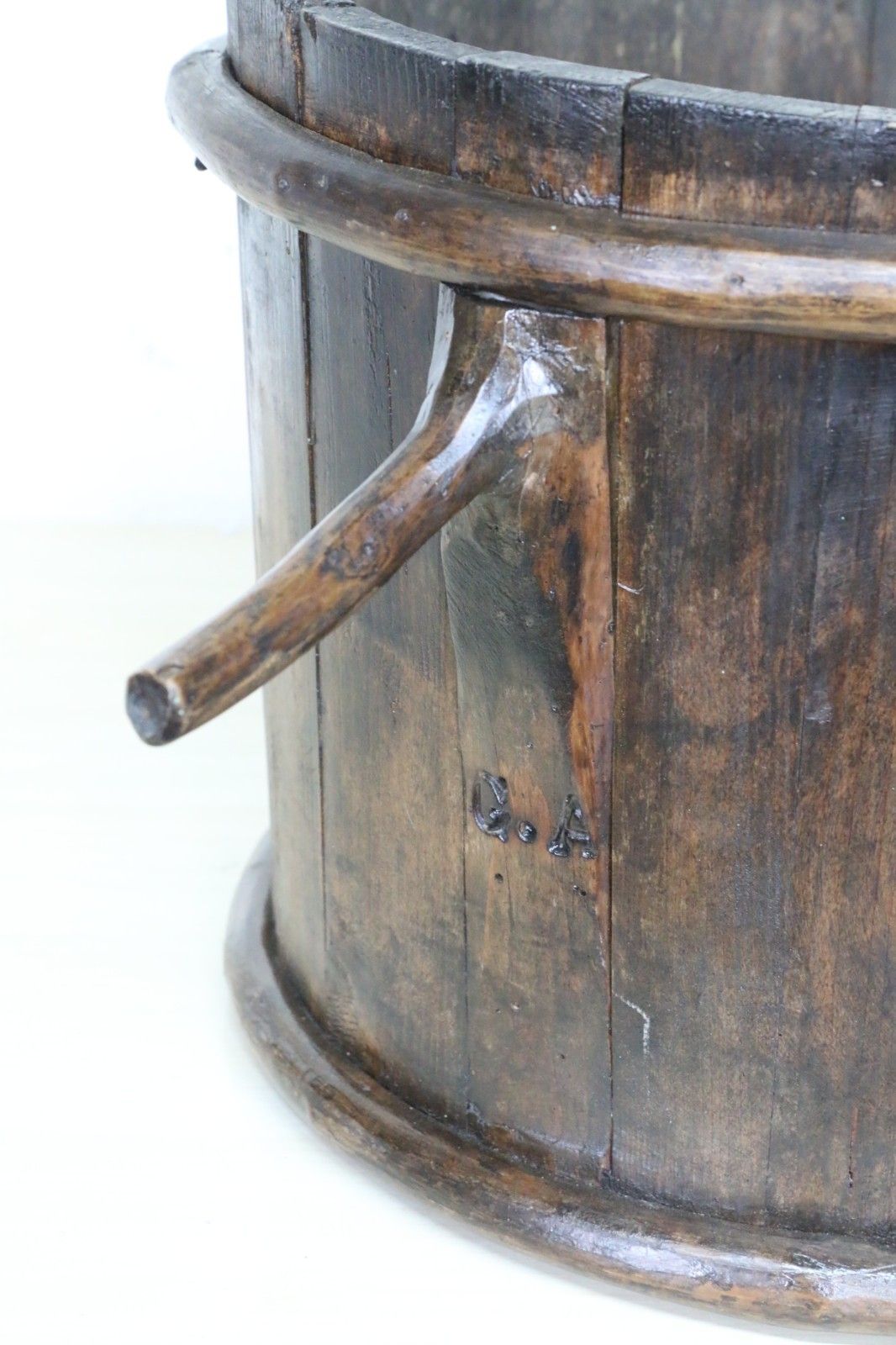Home Decor Antique French Vineyard Oak Grape Pickers Wooden Bucket Slatted Reconditioned photo