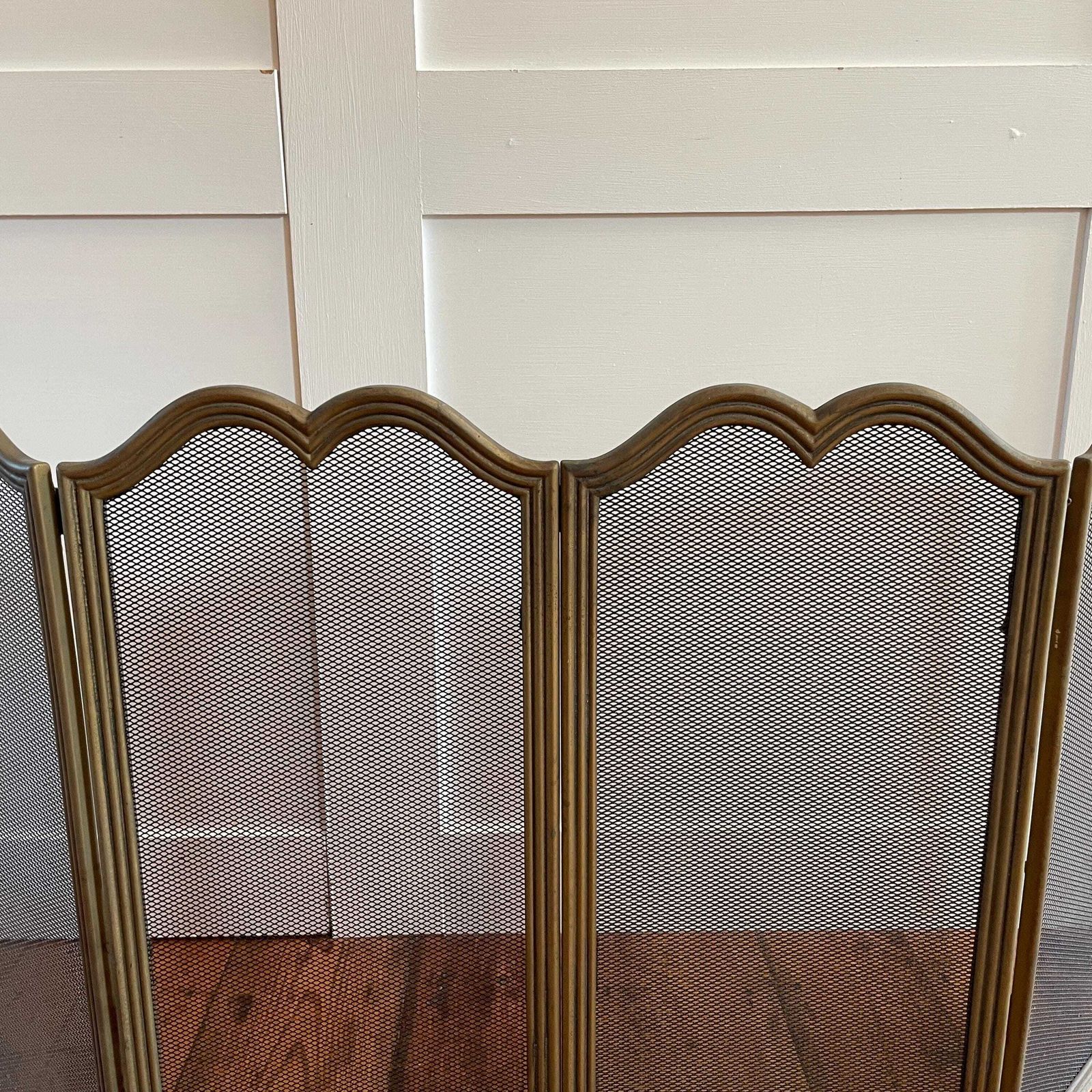 Antique Fireguard Fireplace Screen Gold Brass Metal Frame Vintage Fire Guard Fold Down Victorian Ornate Freestanding 4 Panels Mesh Rectangle photo for sale