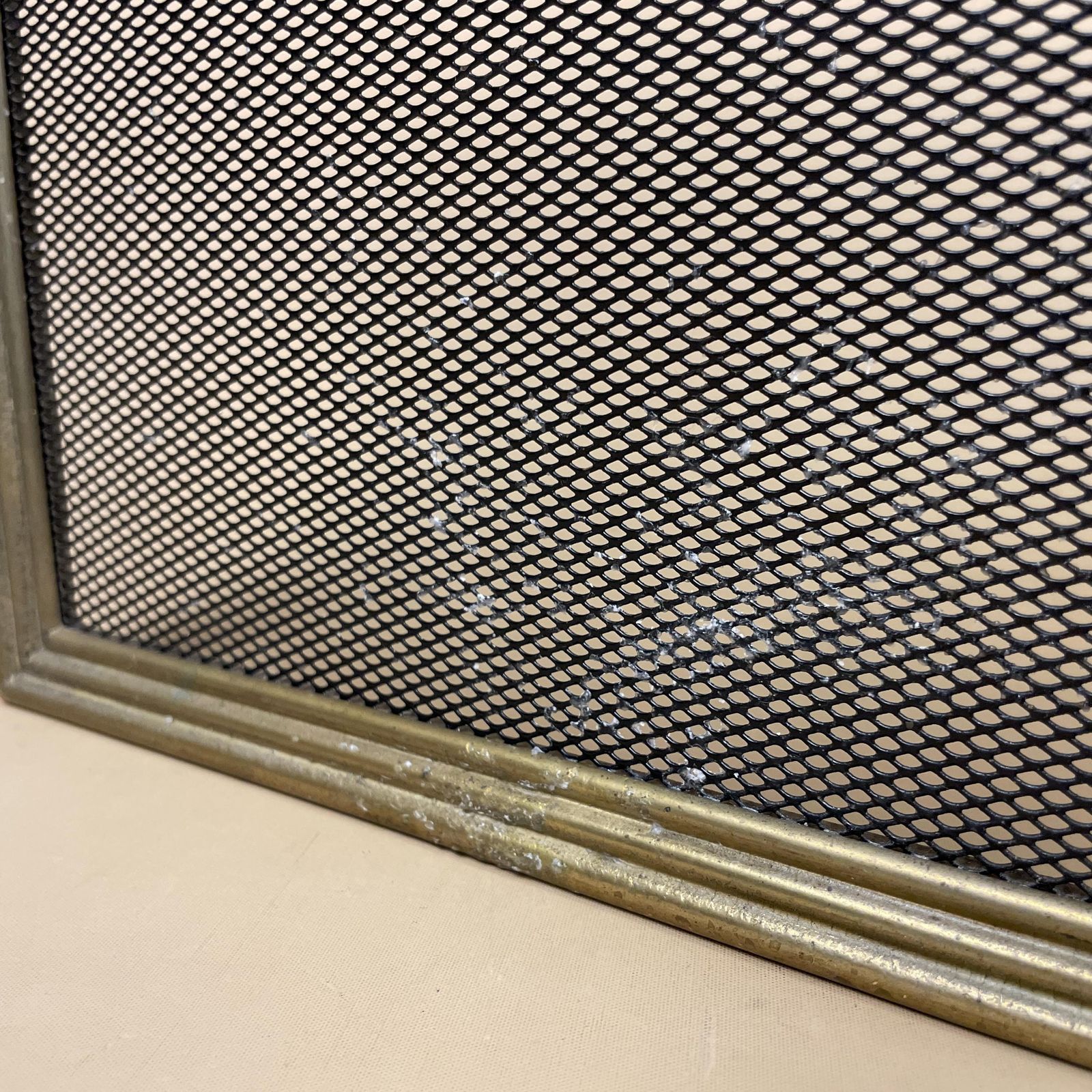 Antique Fireguard Fireplace Screen Gold Brass Metal Frame Vintage Fire Guard Fold Down Victorian Ornate Freestanding 3 Panels Mesh Rectangle photo vintage