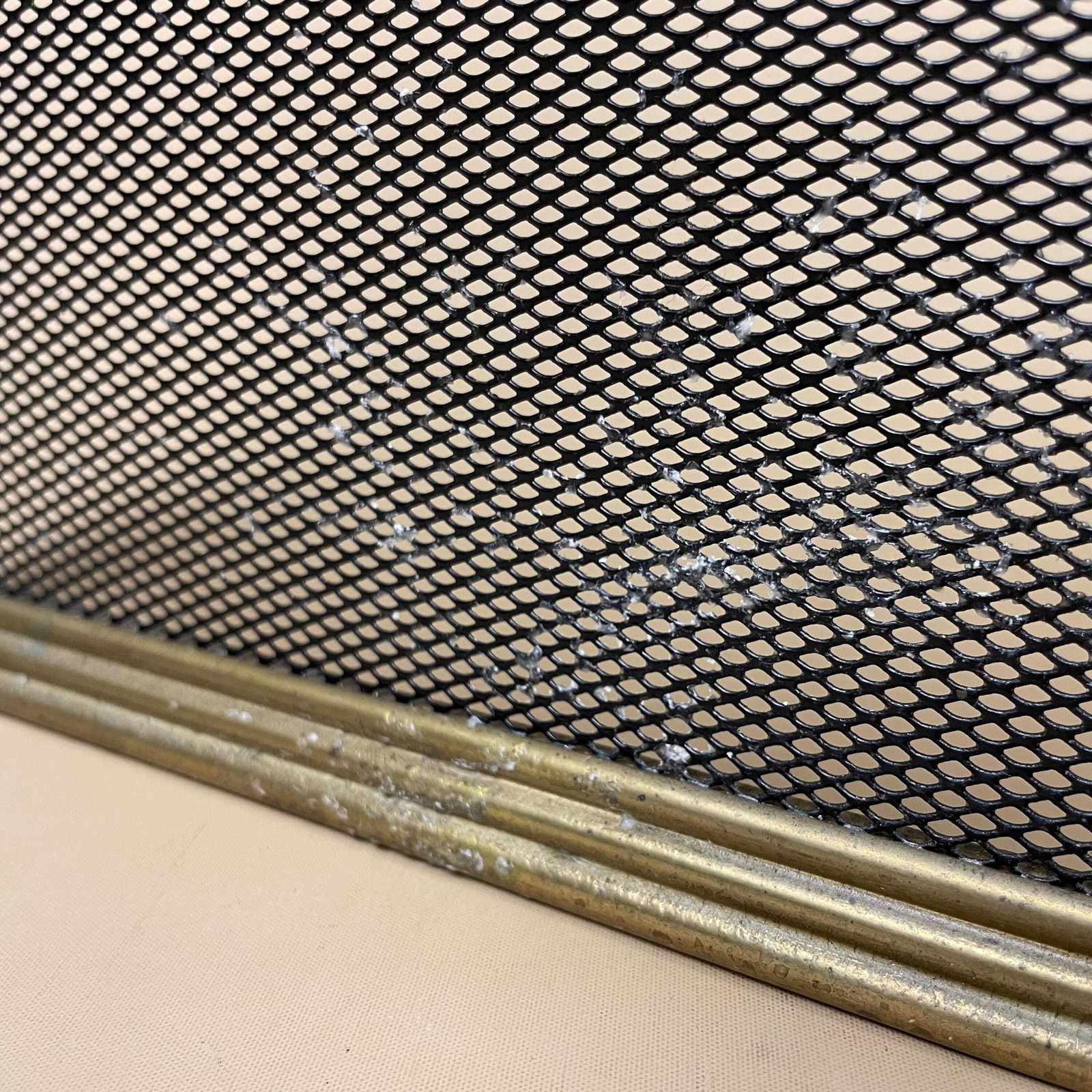 photo for sale Antique Fireguard Fireplace Screen Gold Brass Metal Frame Vintage Fire Guard Fold Down Victorian Ornate Freestanding 3 Panels Mesh Rectangle