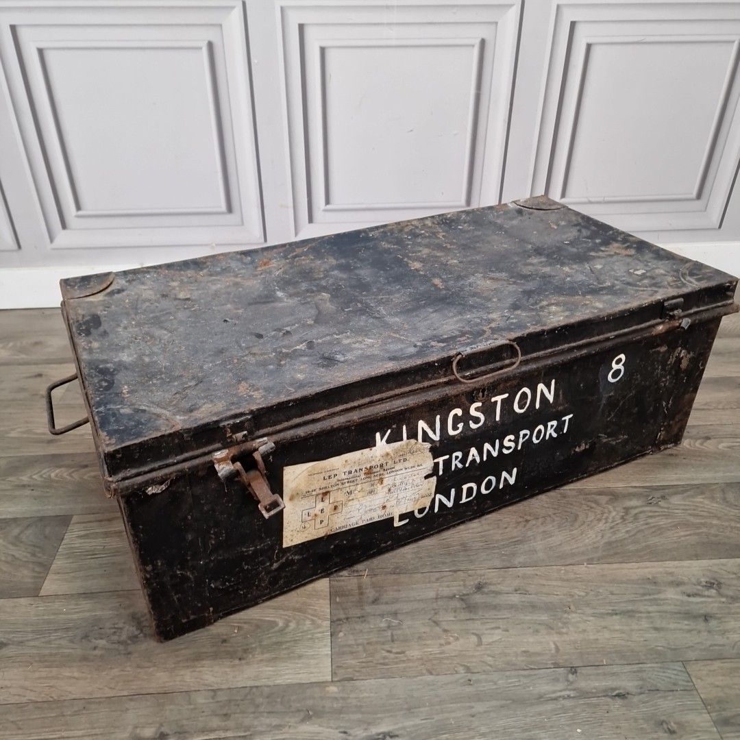 Vintage Industrial Metal Trunk Kingston Transport London Storage Chest Tool Box photo furniture
