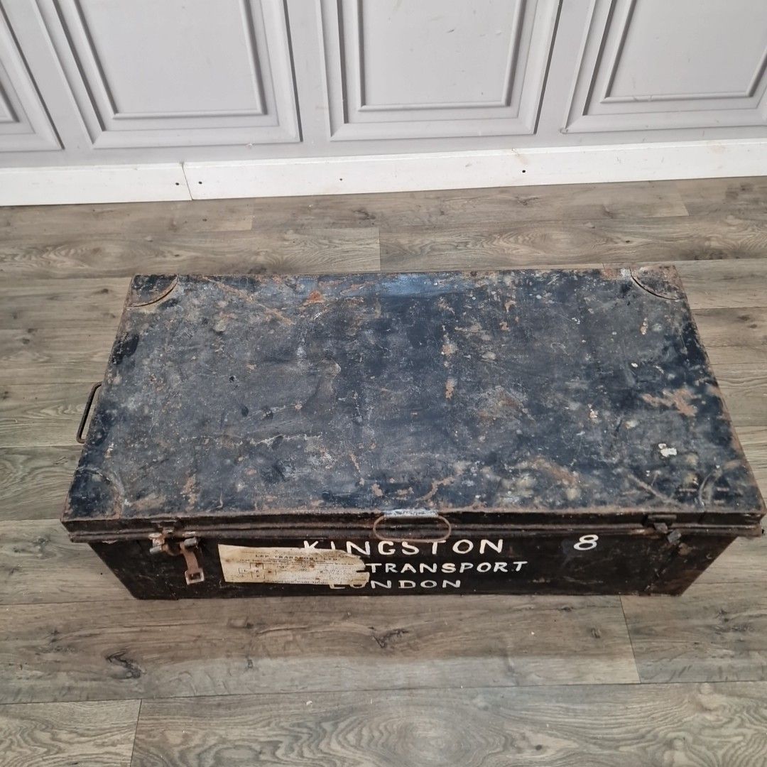 Vintage Industrial Metal Trunk Kingston Transport London Storage Chest Tool Box photo buy