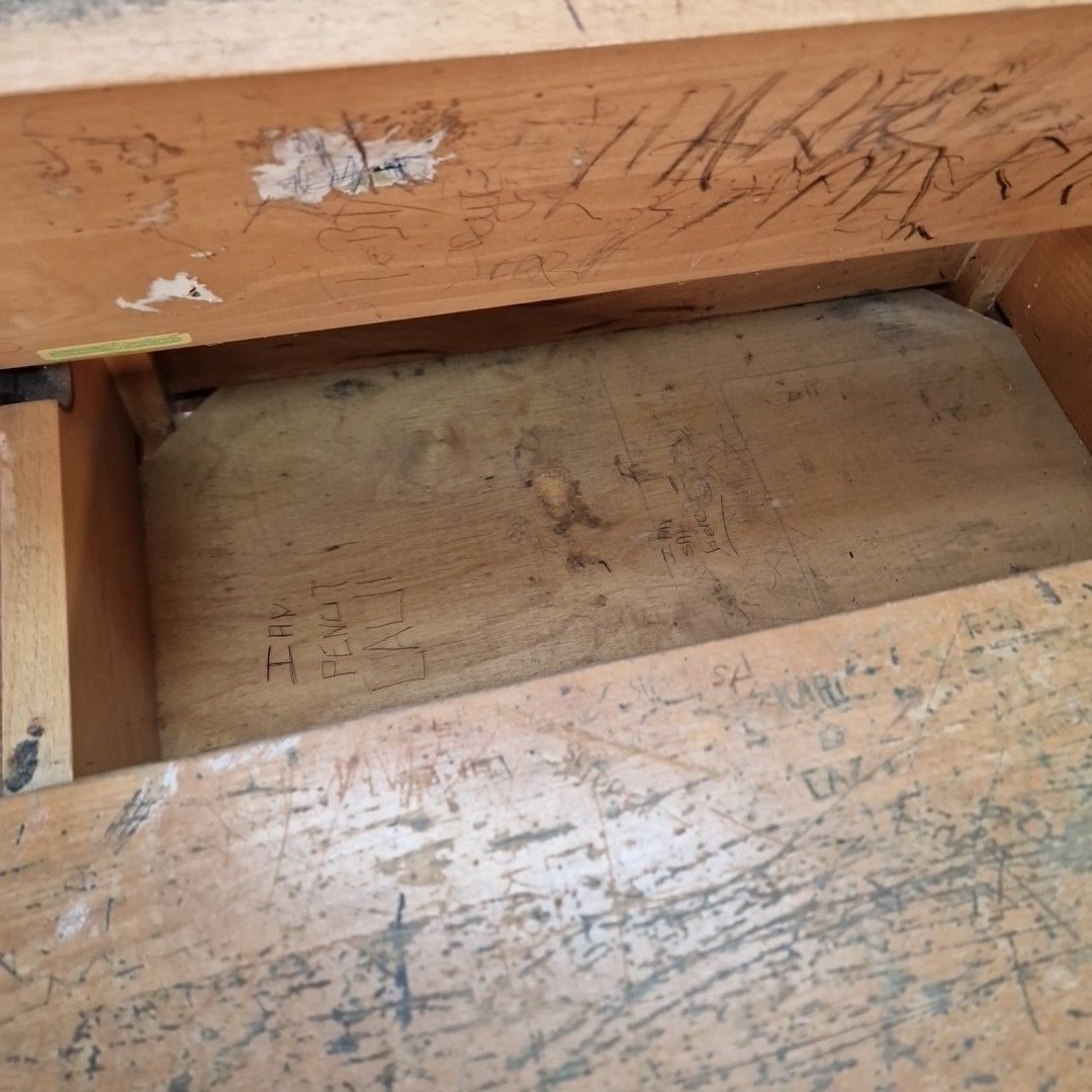 80.0 Vintage School Desk Wooden Lift Up Top Ink Well Storage Child's Writing Retro photo