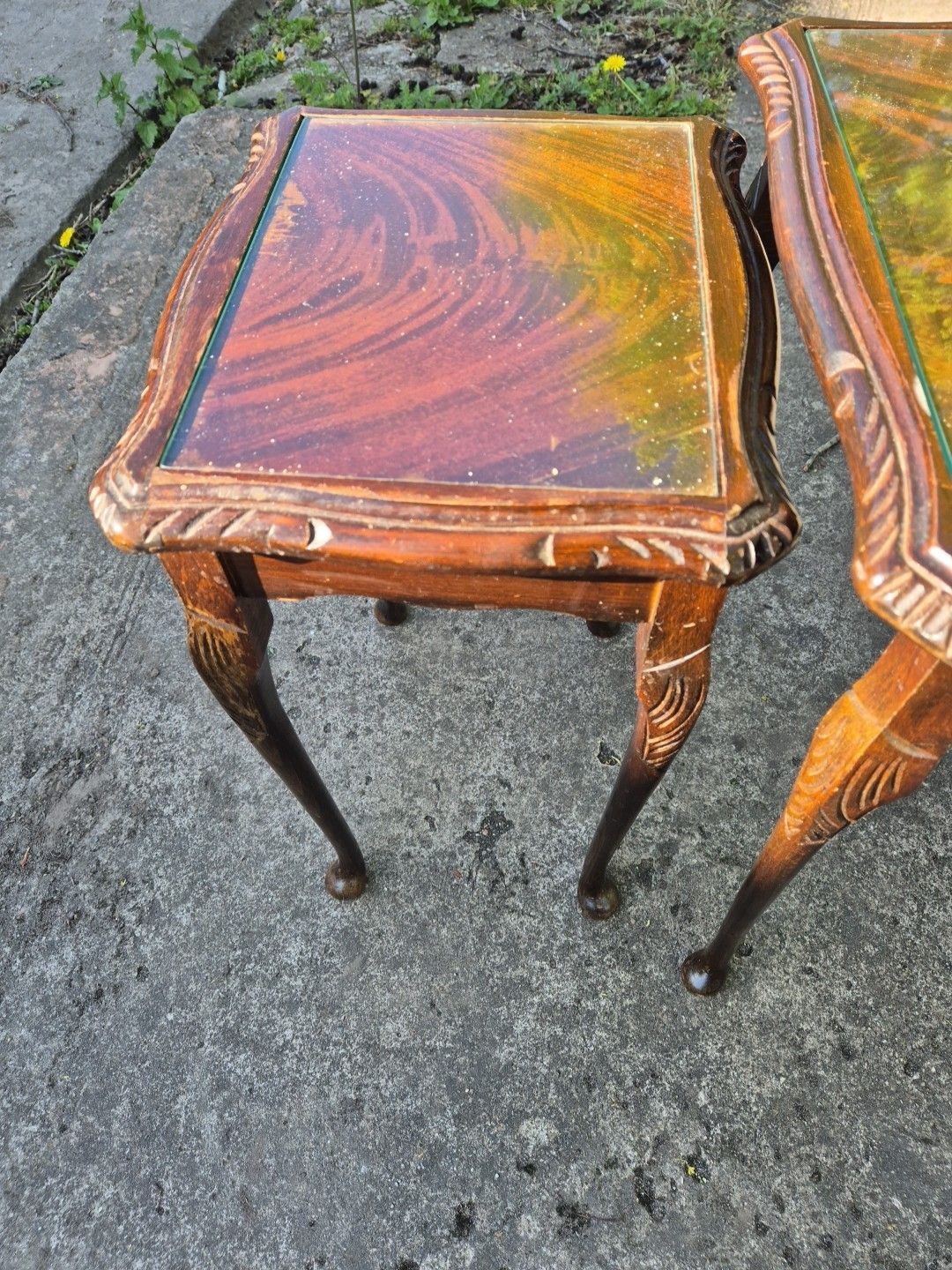 photo for sale Vintage Nest Of 3 Mahogany Tables With Queen Anne Legs & Glass Tops