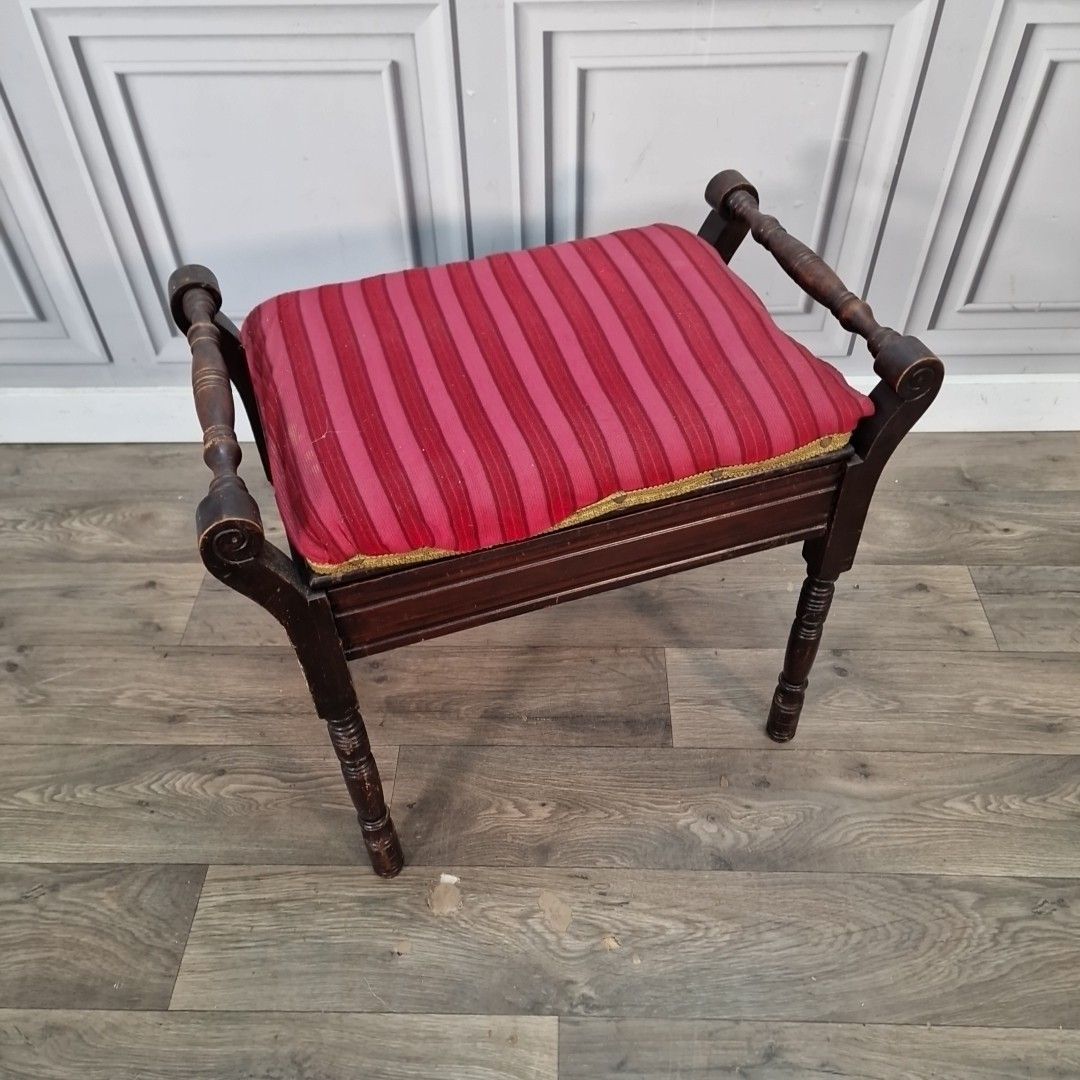 Antique Wooden Piano Stool Upholstered Storage Music Seat Vintage Carved photo furniture