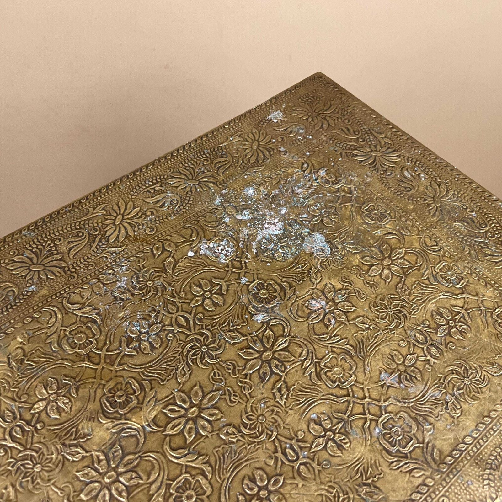 photo for sale Vintage Indian Brass Table Metal Wrapped Wooden Coffee Side Table Display Plant Stand Floral Pattern Etched Brass Accent Table Boho Accent