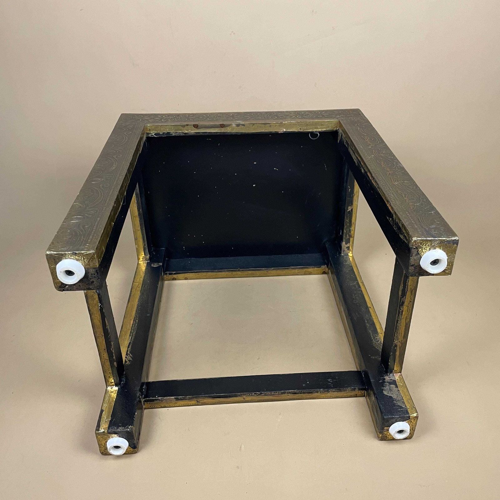 Furniture Vintage Indian Brass Table Metal Wrapped Wooden Coffee Side Table Display Plant Stand Floral Pattern Etched Brass Accent Table Boho Accent photo